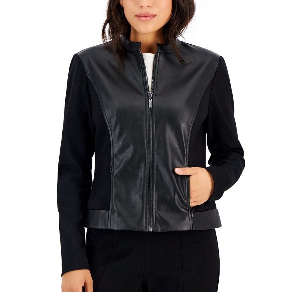 AK Anne Klein Petite Mandarin-Collar Zip-Up Jacket